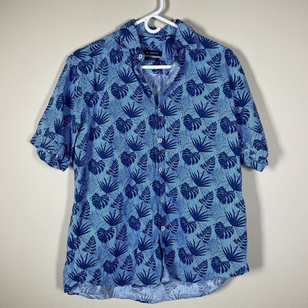 Bugatchi Men's Short Sleeve Tropical Blue Button-Up Shirt M Classic Fit Resort